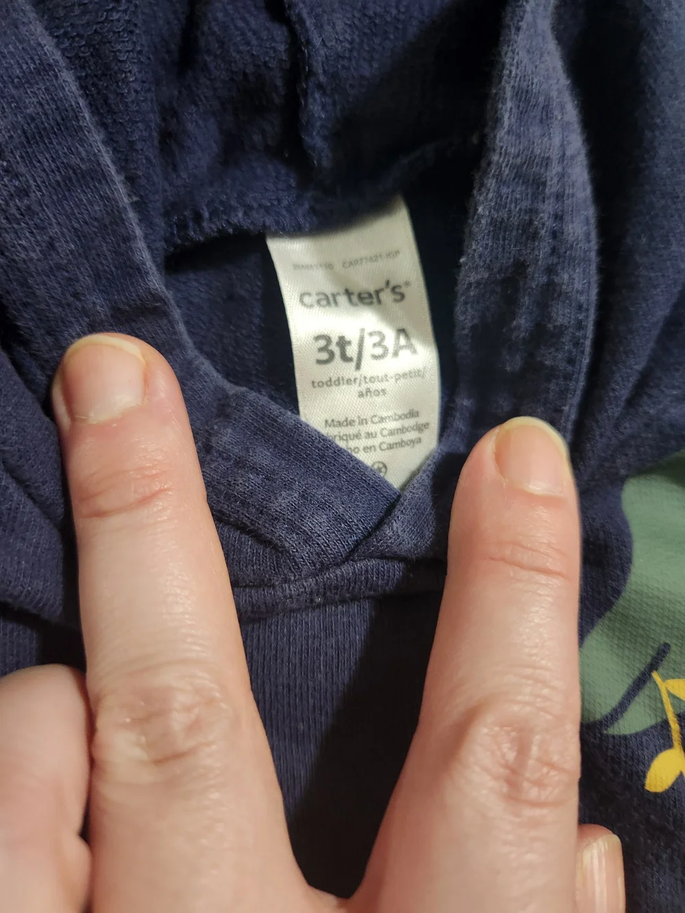 Carter's Navy Hoodie with Green Dinosaur + Blue Jeans and Tan Pants